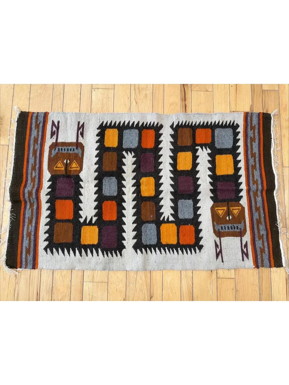 VTG Hand Woven Wool Rug Double Head Snake 46x28” Southwestern Rustic Lodge Ranch